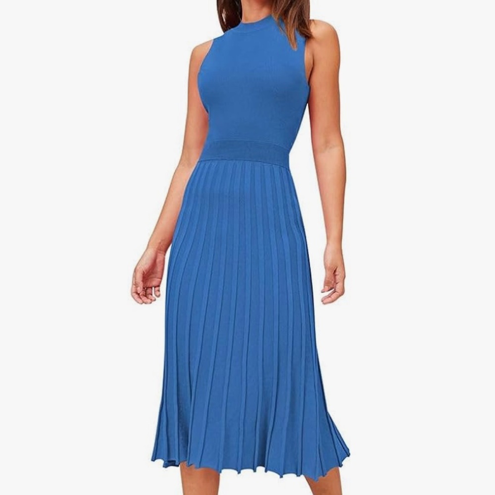 Blue Sleeveless Bodycon Pleated Midi Dress